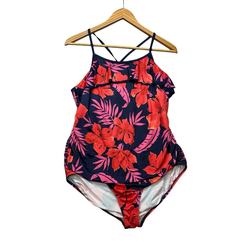 Lands' End Navy One-Piece Swimsuit with Red & Pink Floral Print